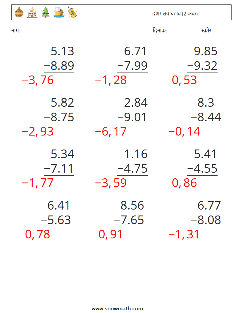 (12) दशमलव घटाव (2 अंक) गणित कार्यपत्रक 2 प्रश्न, उत्तर