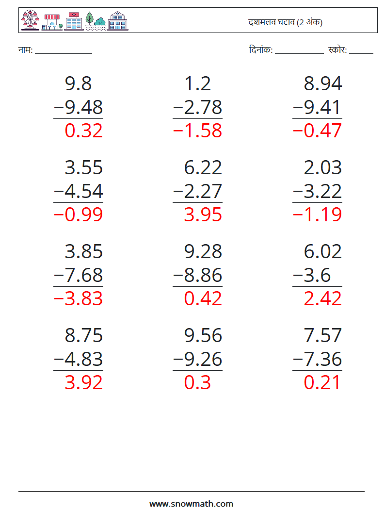 (12) दशमलव घटाव (2 अंक) गणित कार्यपत्रक 7 प्रश्न, उत्तर