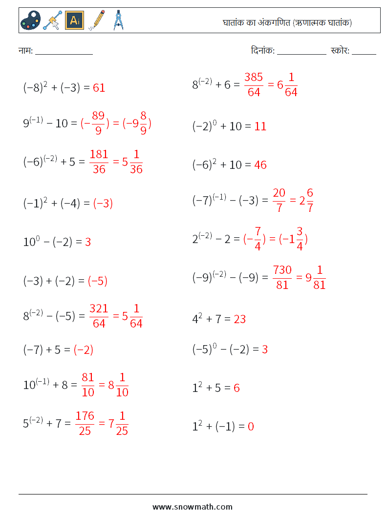  घातांक का अंकगणित (ऋणात्मक घातांक) गणित कार्यपत्रक 2 प्रश्न, उत्तर