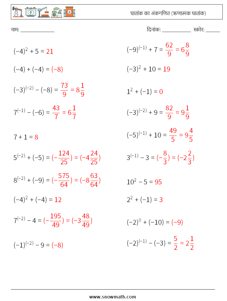  घातांक का अंकगणित (ऋणात्मक घातांक) गणित कार्यपत्रक 7 प्रश्न, उत्तर