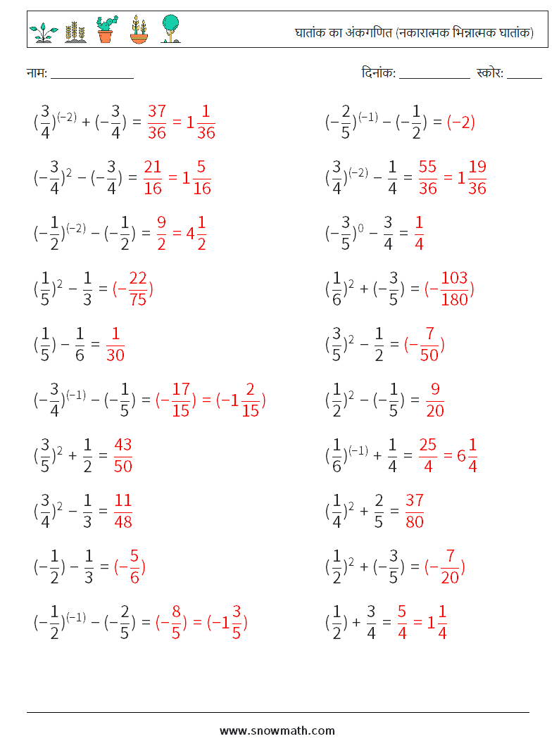  घातांक का अंकगणित (नकारात्मक भिन्नात्मक घातांक) गणित कार्यपत्रक 4 प्रश्न, उत्तर