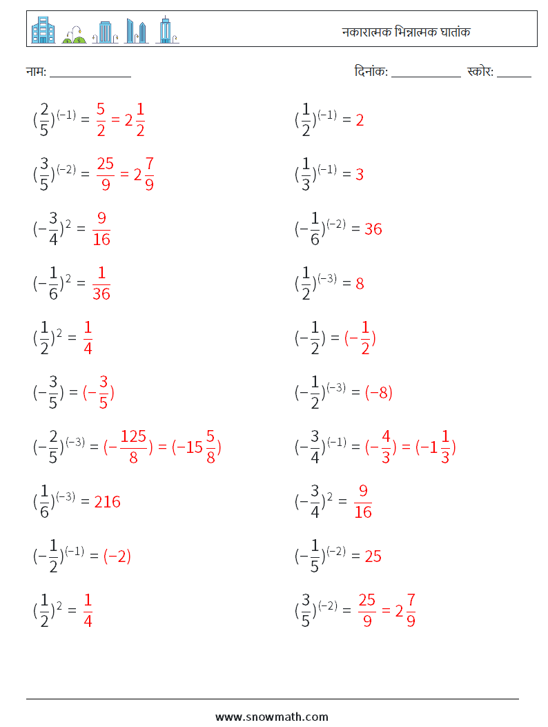नकारात्मक भिन्नात्मक घातांक गणित कार्यपत्रक 1 प्रश्न, उत्तर