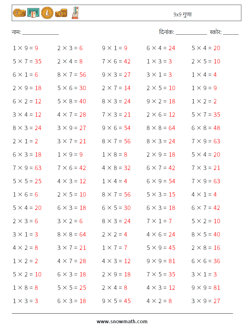 (100) 9x9 गुणा गणित कार्यपत्रक 2 प्रश्न, उत्तर