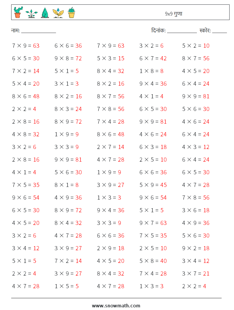(100) 9x9 गुणा गणित कार्यपत्रक 8 प्रश्न, उत्तर