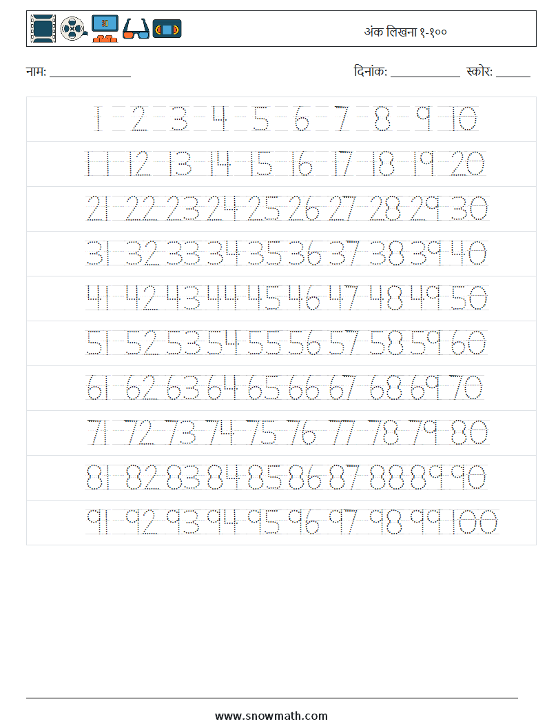 अंक लिखना १-१०० गणित कार्यपत्रक 2