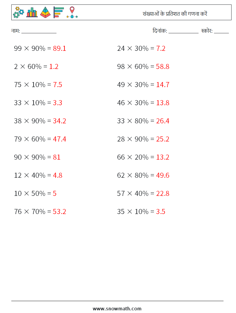 संख्याओं के प्रतिशत की गणना करें गणित कार्यपत्रक 6 प्रश्न, उत्तर