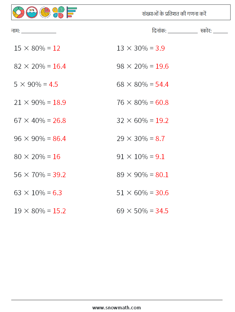 संख्याओं के प्रतिशत की गणना करें गणित कार्यपत्रक 7 प्रश्न, उत्तर