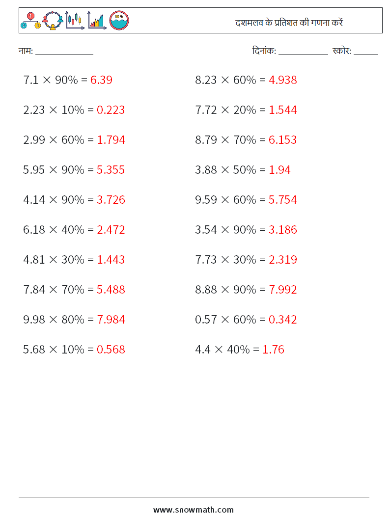 दशमलव के प्रतिशत की गणना करें गणित कार्यपत्रक 9 प्रश्न, उत्तर
