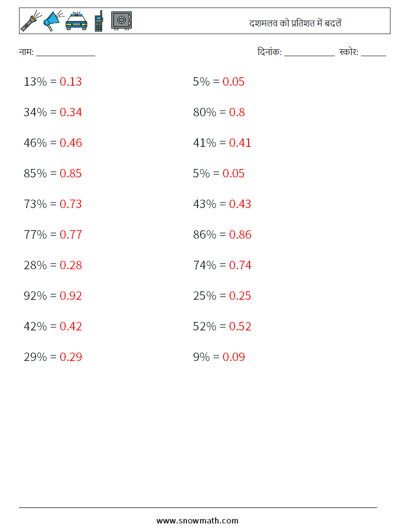 दशमलव को प्रतिशत में बदलें गणित कार्यपत्रक 4 प्रश्न, उत्तर