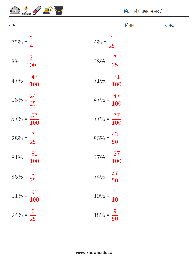 भिन्नों को प्रतिशत में बदलें गणित कार्यपत्रक 1 प्रश्न, उत्तर