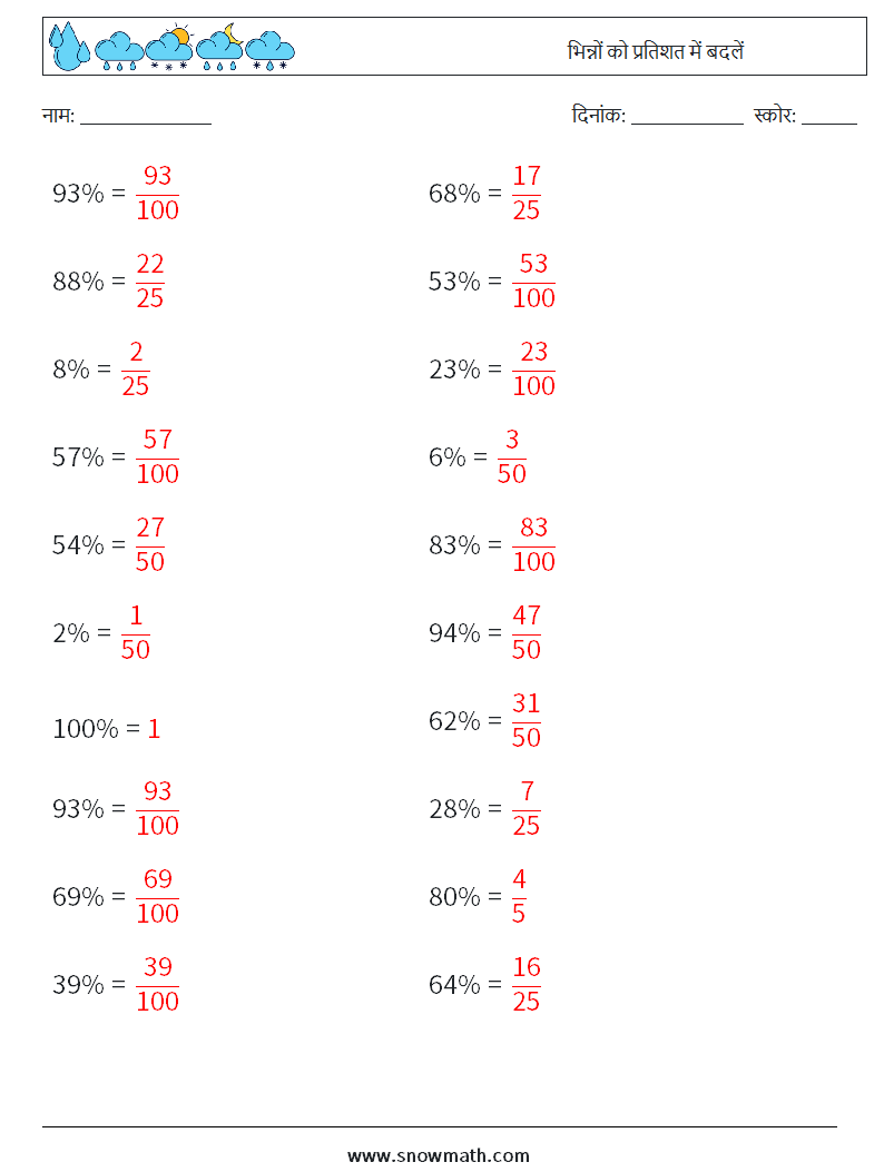 भिन्नों को प्रतिशत में बदलें गणित कार्यपत्रक 8 प्रश्न, उत्तर