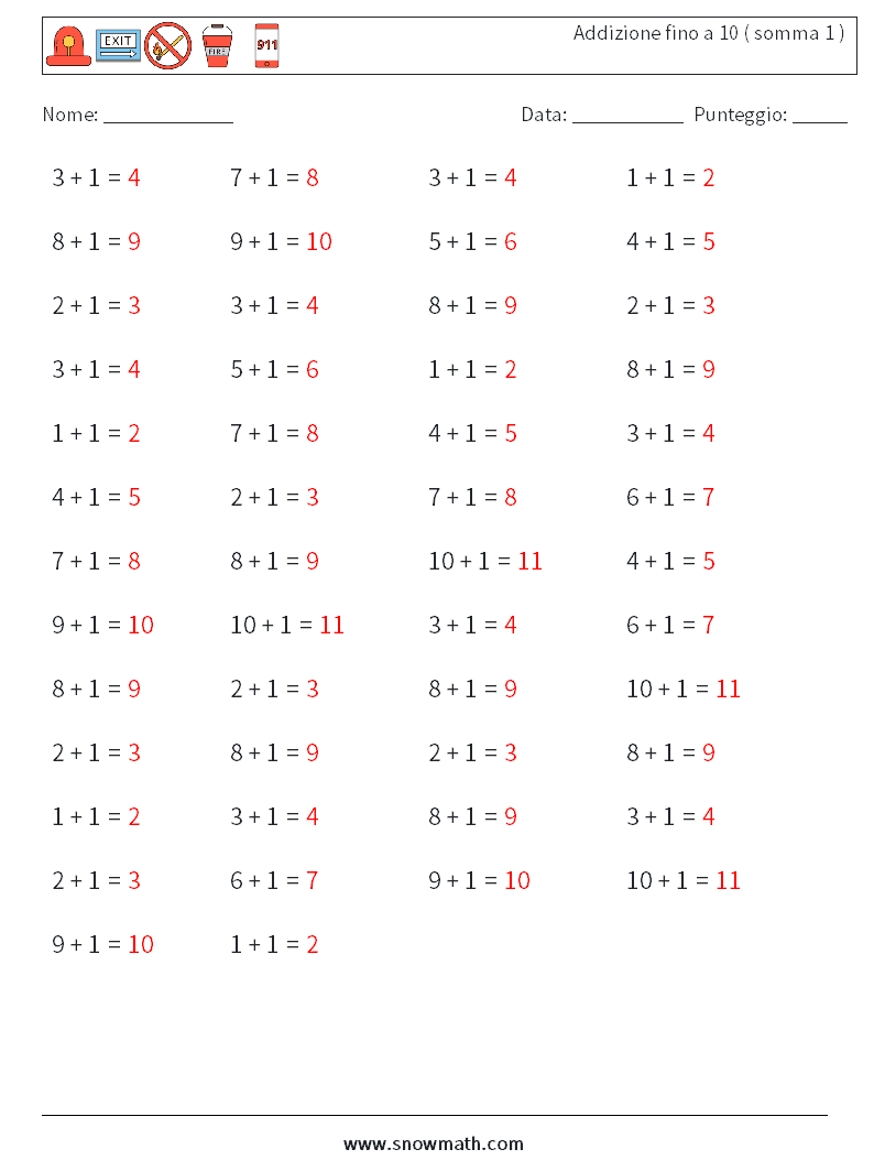 (50) Addizione fino a 10 ( somma 1 ) Fogli di lavoro di matematica 1 Domanda, Risposta