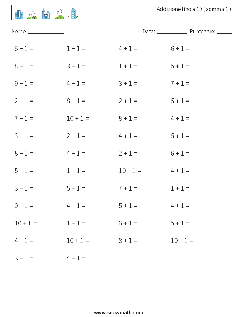 (50) Addizione fino a 10 ( somma 1 ) Fogli di lavoro di matematica 2