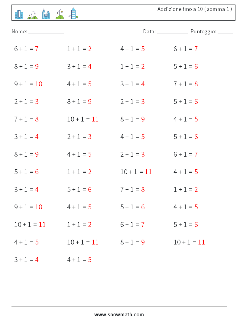 (50) Addizione fino a 10 ( somma 1 ) Fogli di lavoro di matematica 2 Domanda, Risposta