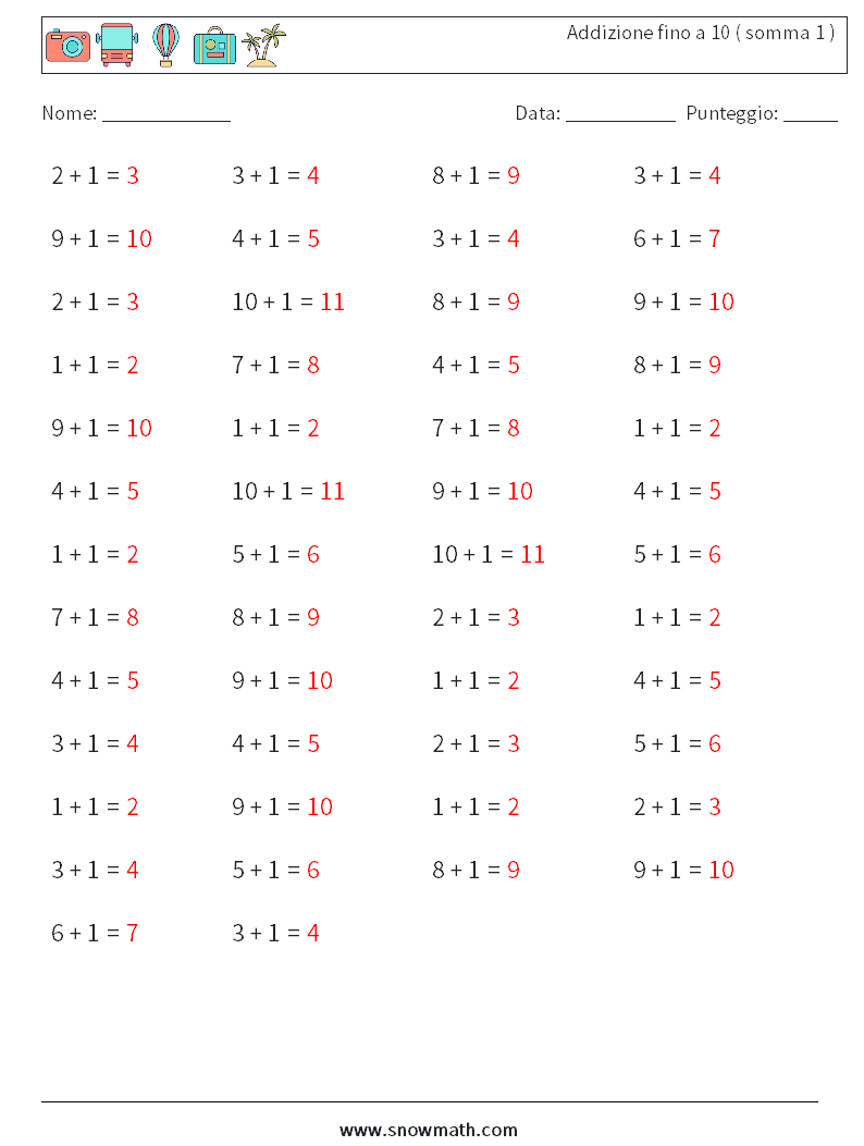 (50) Addizione fino a 10 ( somma 1 ) Fogli di lavoro di matematica 4 Domanda, Risposta