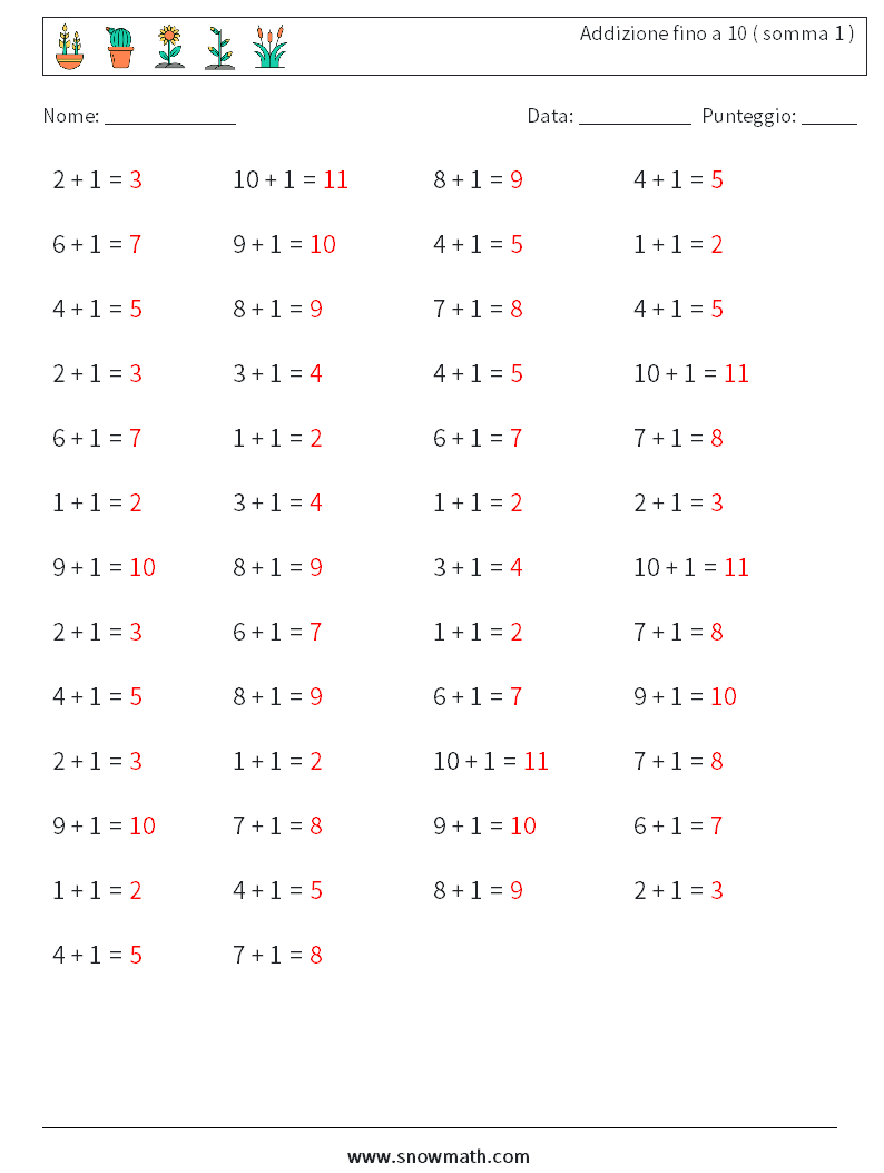 (50) Addizione fino a 10 ( somma 1 ) Fogli di lavoro di matematica 5 Domanda, Risposta