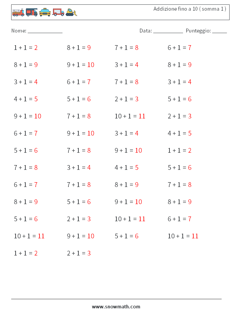 (50) Addizione fino a 10 ( somma 1 ) Fogli di lavoro di matematica 6 Domanda, Risposta