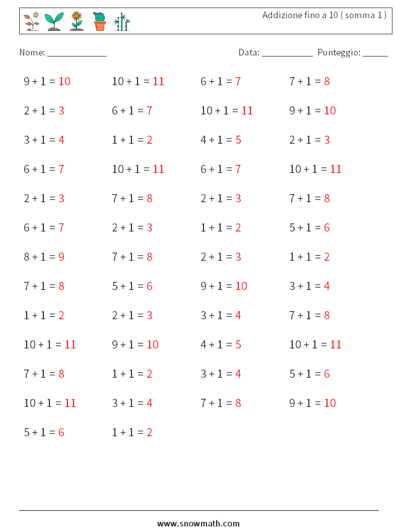 (50) Addizione fino a 10 ( somma 1 ) Fogli di lavoro di matematica 7 Domanda, Risposta