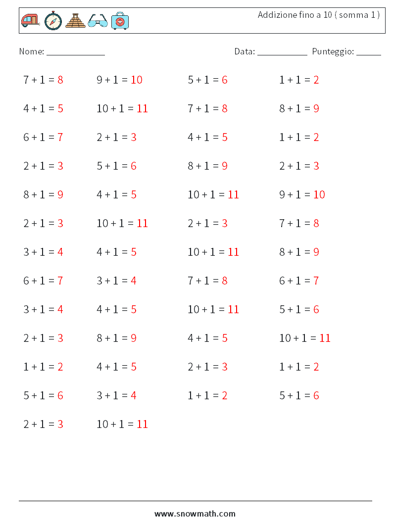 (50) Addizione fino a 10 ( somma 1 ) Fogli di lavoro di matematica 8 Domanda, Risposta