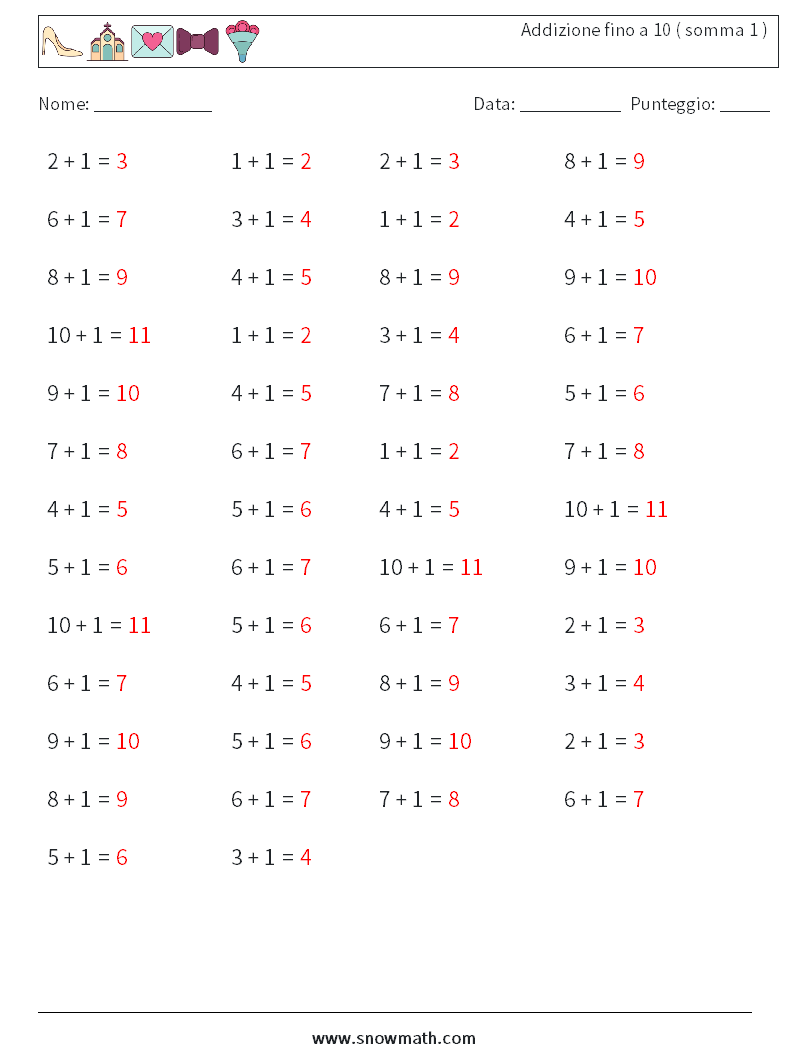 (50) Addizione fino a 10 ( somma 1 ) Fogli di lavoro di matematica 9 Domanda, Risposta