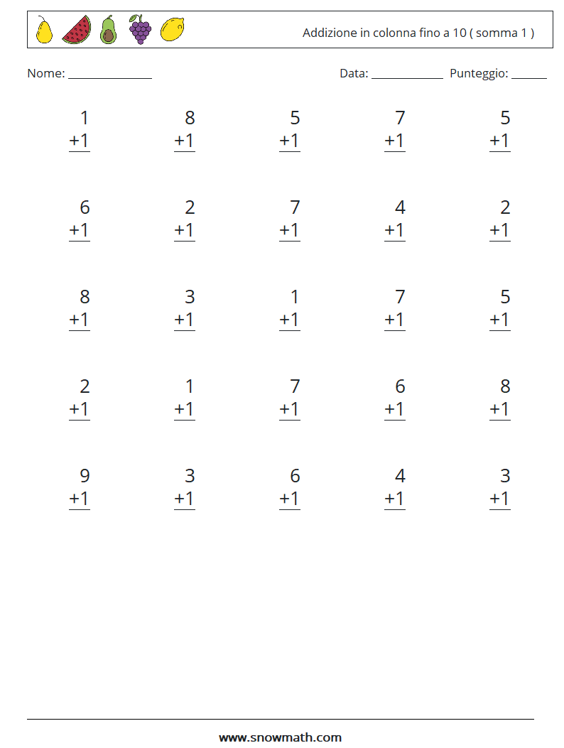 (25) Addizione in colonna fino a 10 ( somma 1 ) Fogli di lavoro di matematica 1