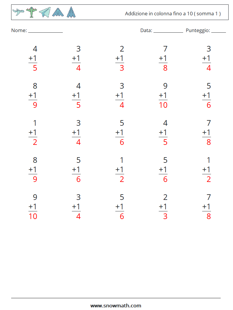 (25) Addizione in colonna fino a 10 ( somma 1 ) Fogli di lavoro di matematica 7 Domanda, Risposta