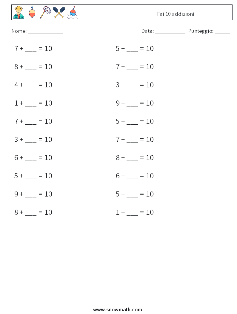 (20) Fai 10 addizioni Fogli di lavoro di matematica 1