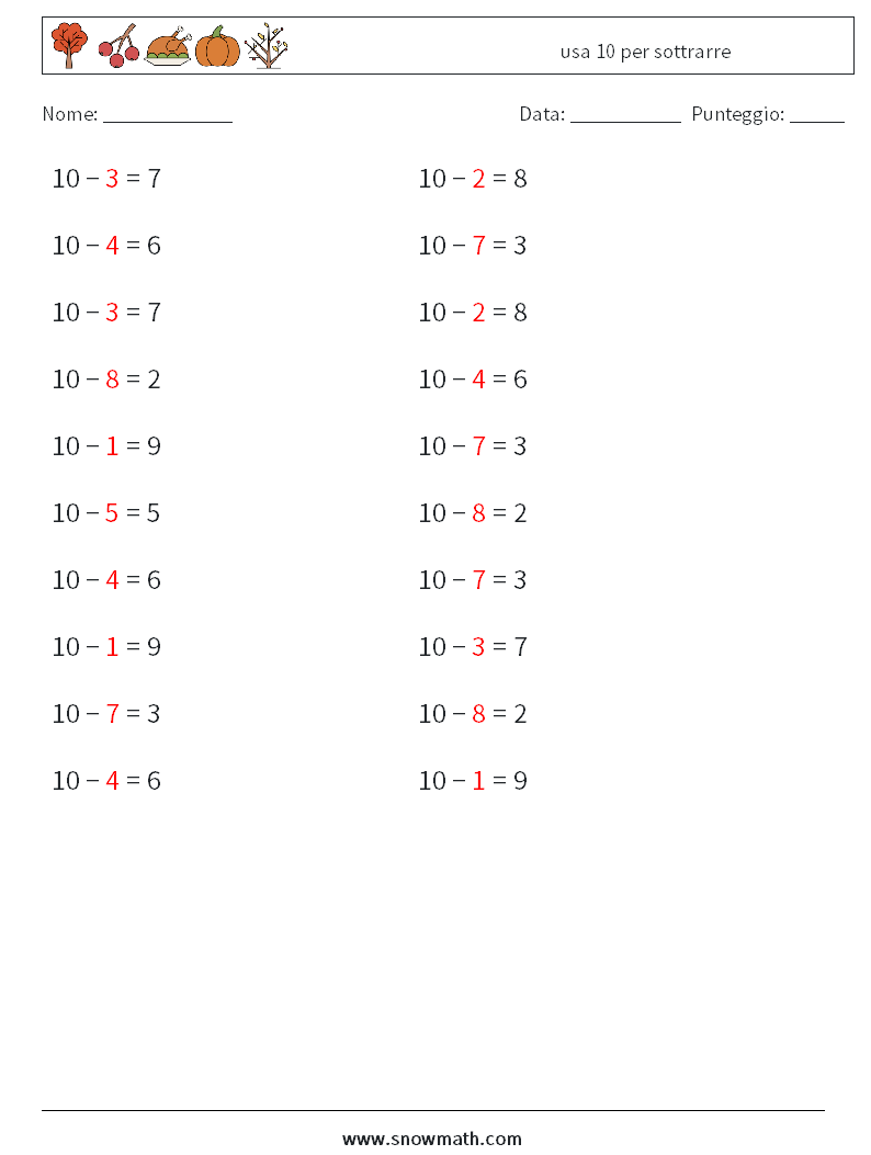 (20) usa 10 per sottrarre Fogli di lavoro di matematica 1 Domanda, Risposta