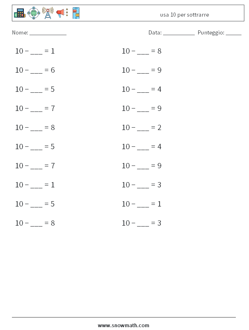 (20) usa 10 per sottrarre Fogli di lavoro di matematica 2