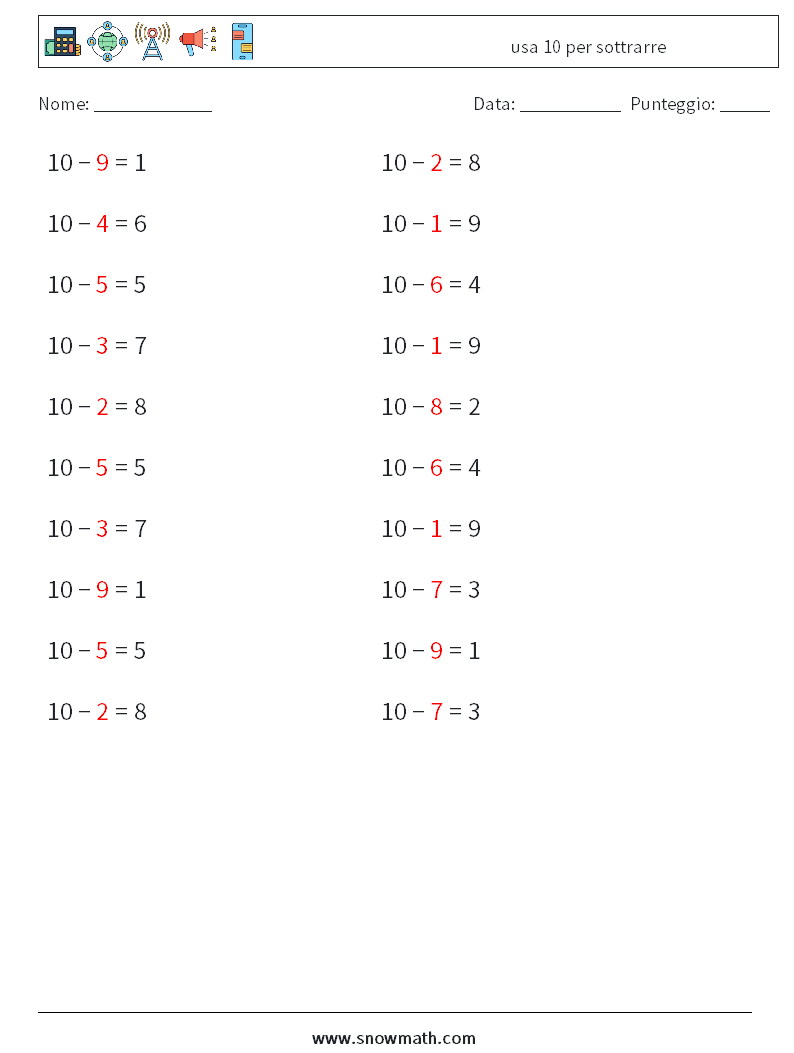 (20) usa 10 per sottrarre Fogli di lavoro di matematica 2 Domanda, Risposta