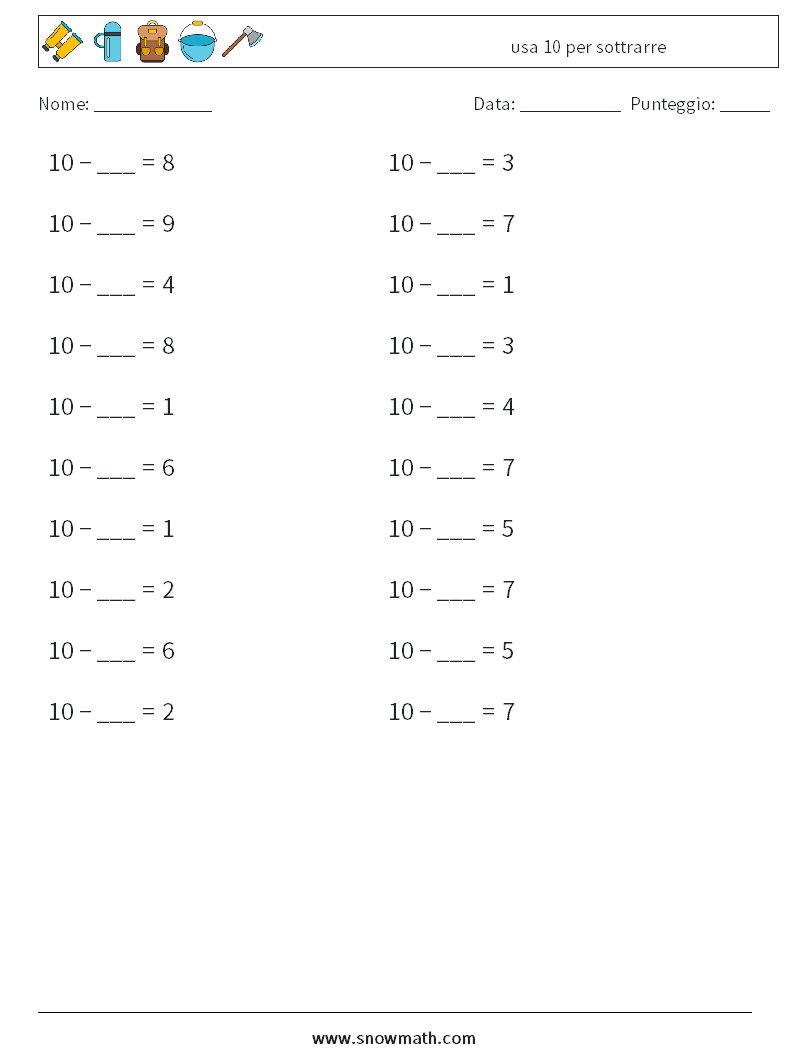 (20) usa 10 per sottrarre Fogli di lavoro di matematica 3
