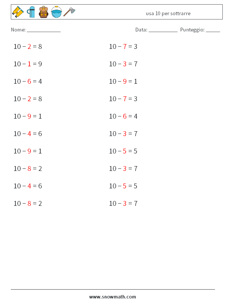 (20) usa 10 per sottrarre Fogli di lavoro di matematica 3 Domanda, Risposta