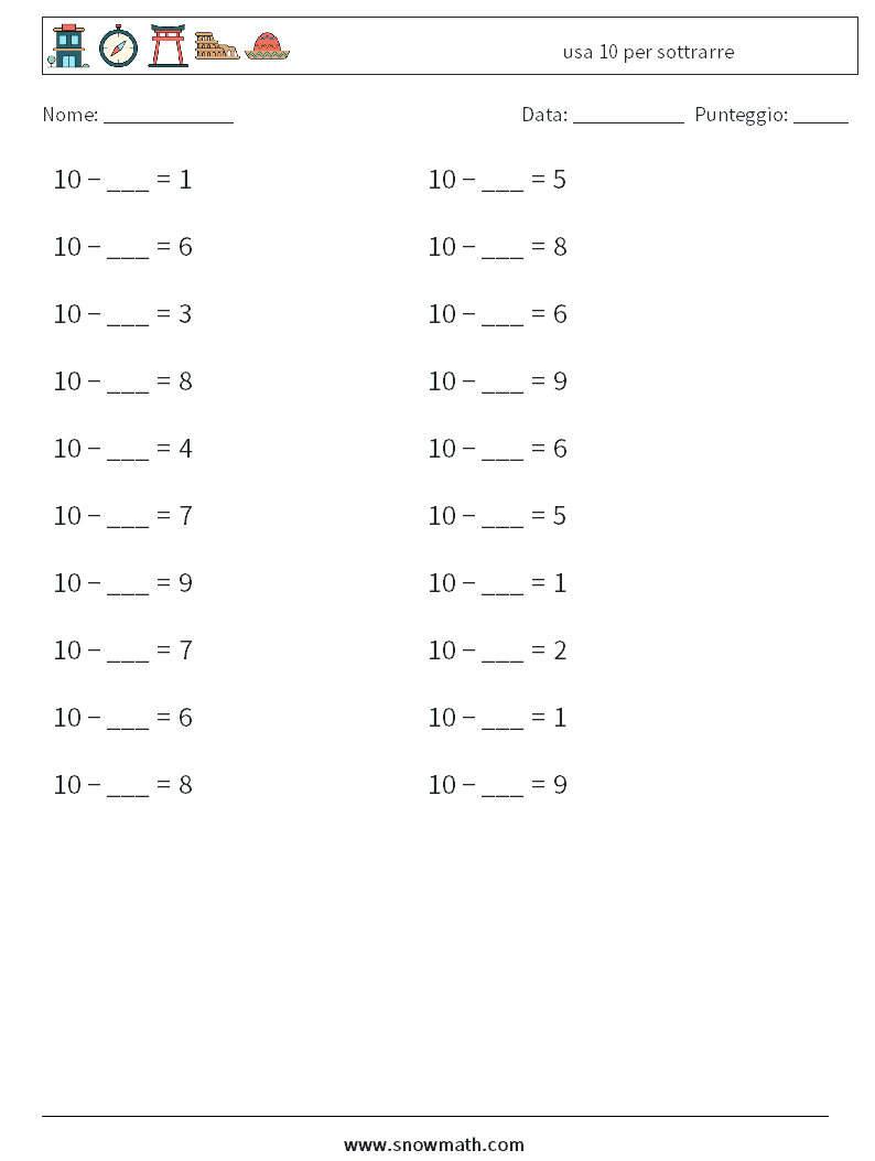 (20) usa 10 per sottrarre Fogli di lavoro di matematica 5