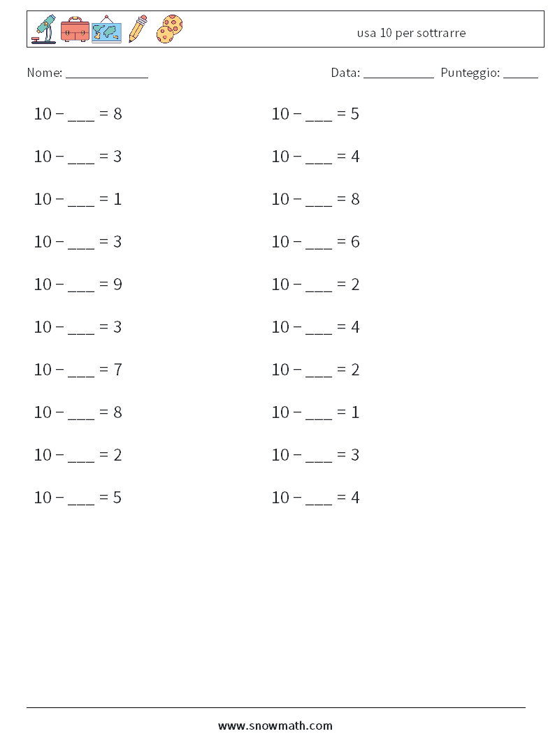 (20) usa 10 per sottrarre Fogli di lavoro di matematica 6