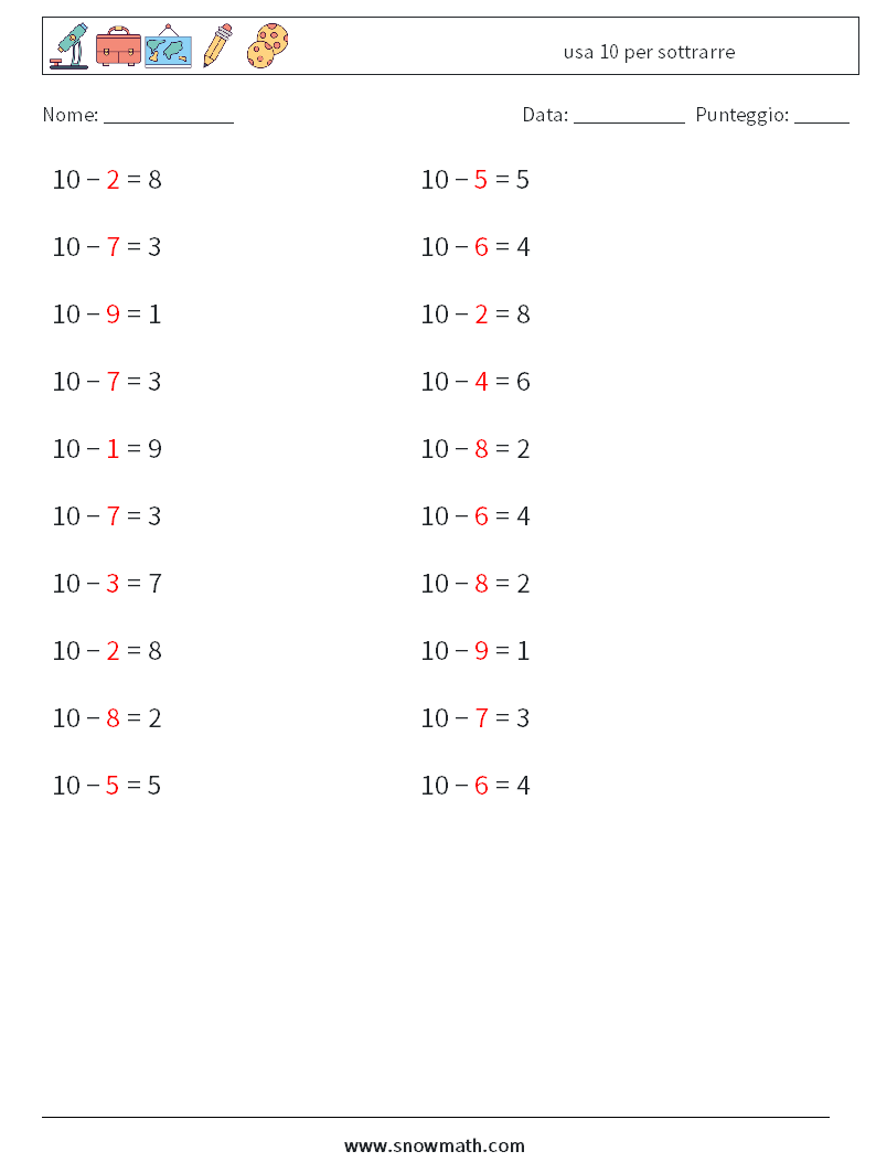 (20) usa 10 per sottrarre Fogli di lavoro di matematica 6 Domanda, Risposta