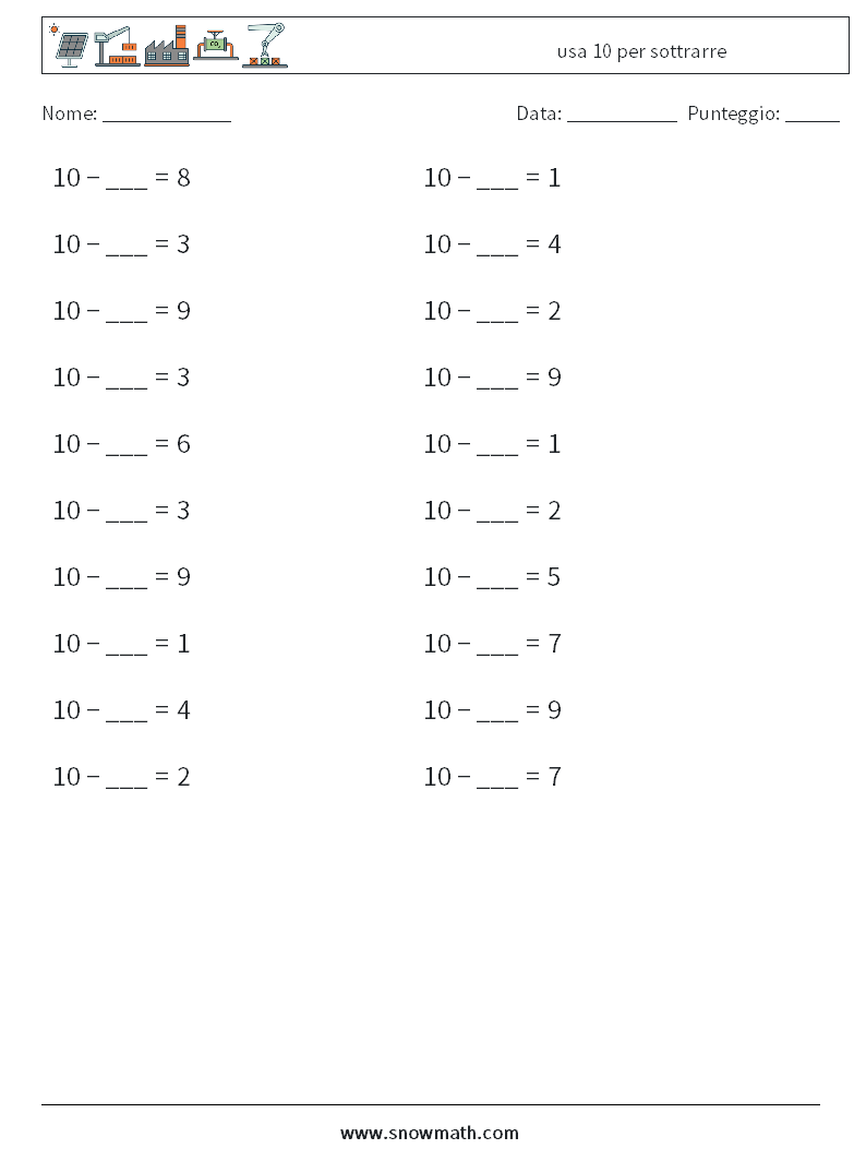 (20) usa 10 per sottrarre Fogli di lavoro di matematica 7