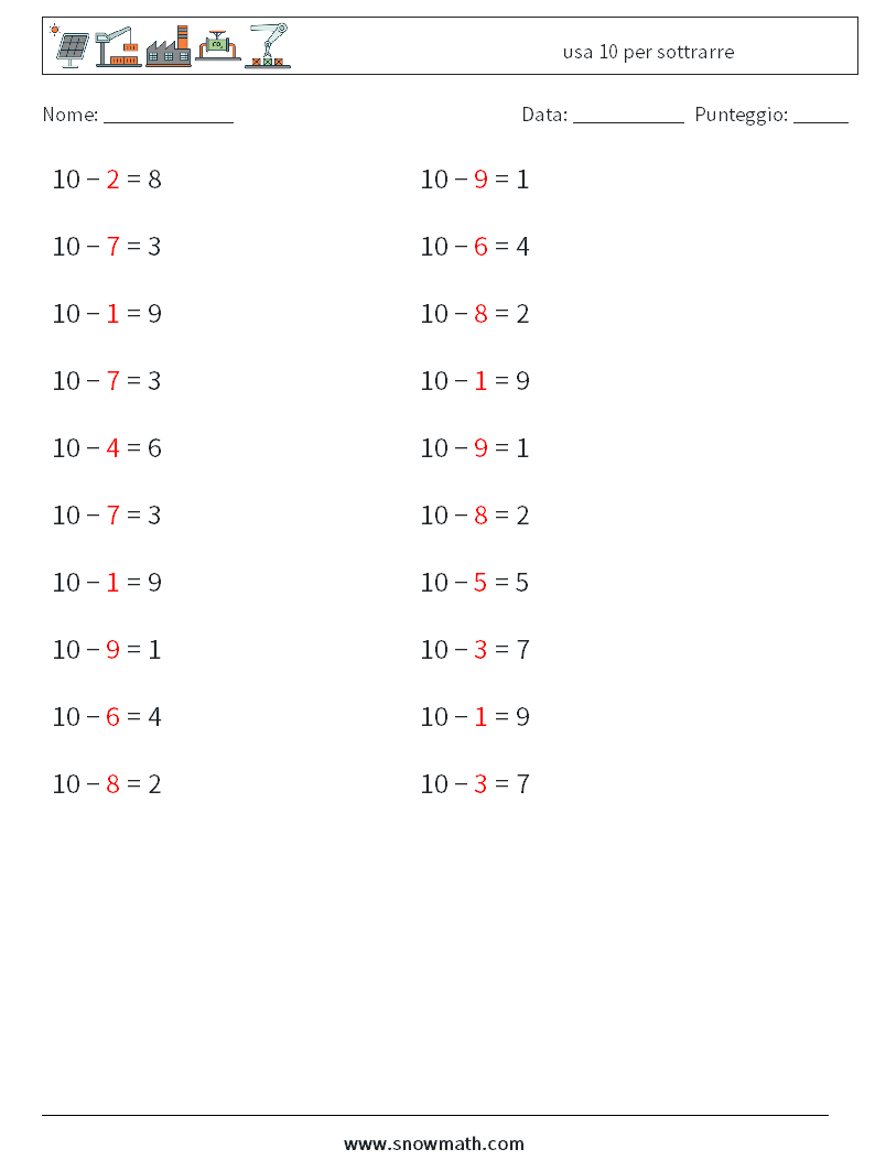 (20) usa 10 per sottrarre Fogli di lavoro di matematica 7 Domanda, Risposta