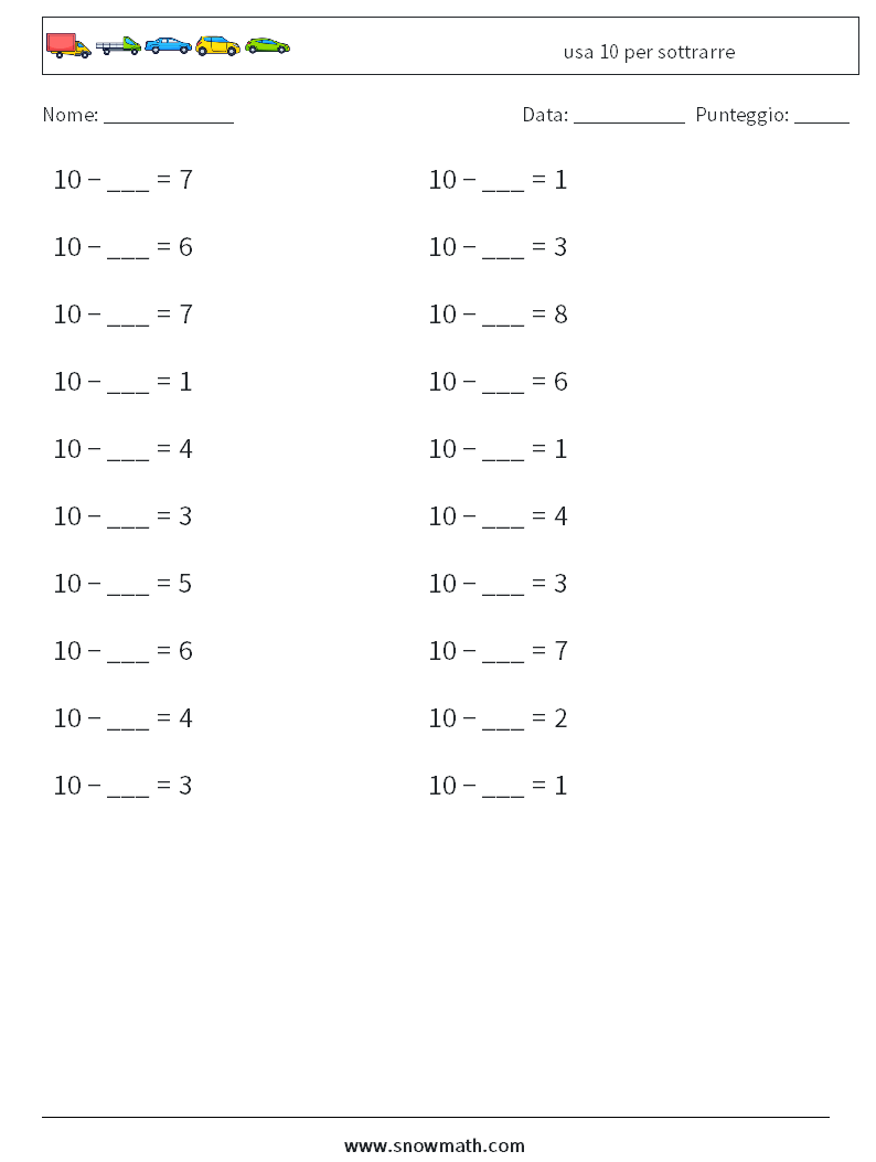 (20) usa 10 per sottrarre Fogli di lavoro di matematica 8
