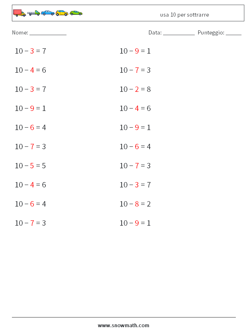 (20) usa 10 per sottrarre Fogli di lavoro di matematica 8 Domanda, Risposta