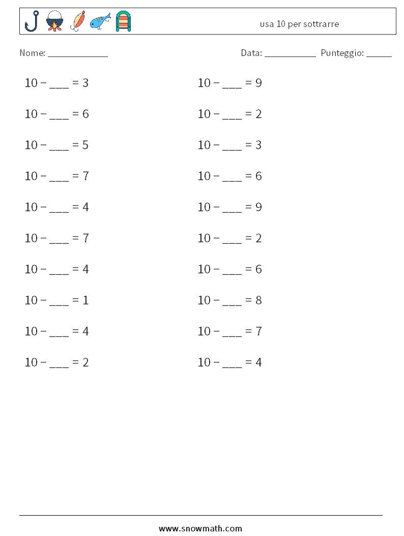 (20) usa 10 per sottrarre Fogli di lavoro di matematica 9
