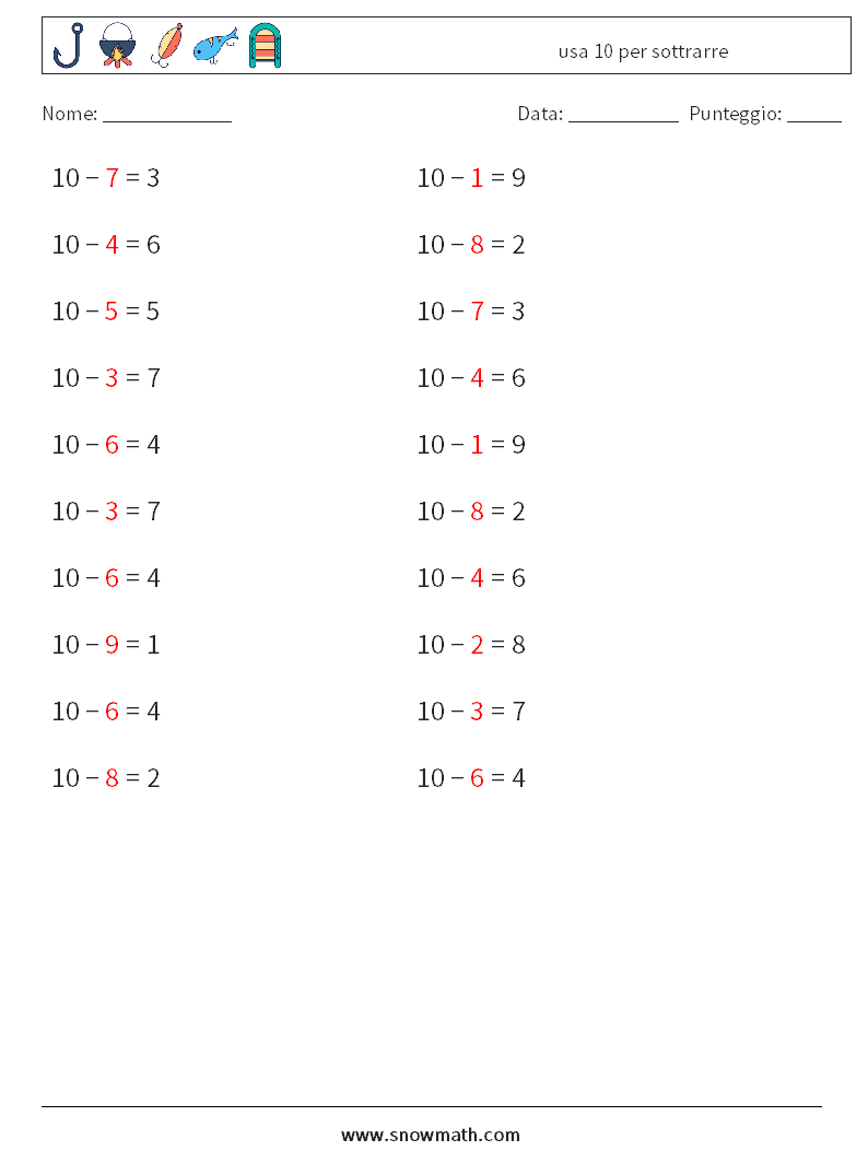 (20) usa 10 per sottrarre Fogli di lavoro di matematica 9 Domanda, Risposta