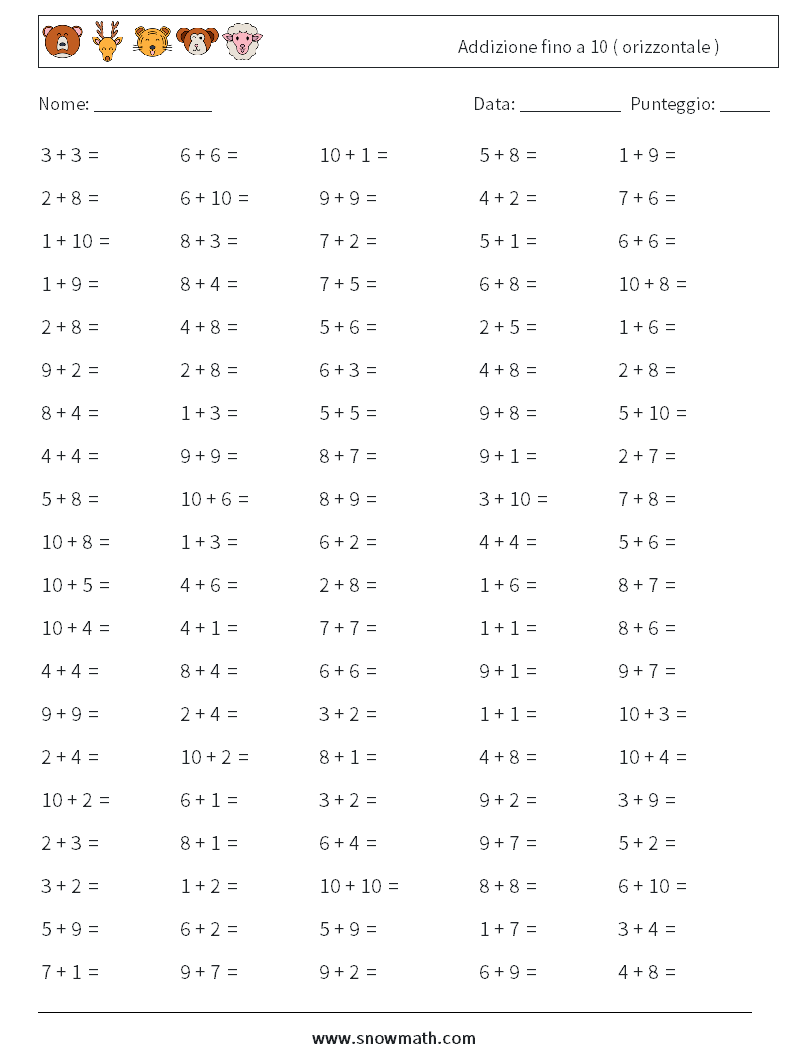 (100) Addizione fino a 10 ( orizzontale ) Fogli di lavoro di matematica 1