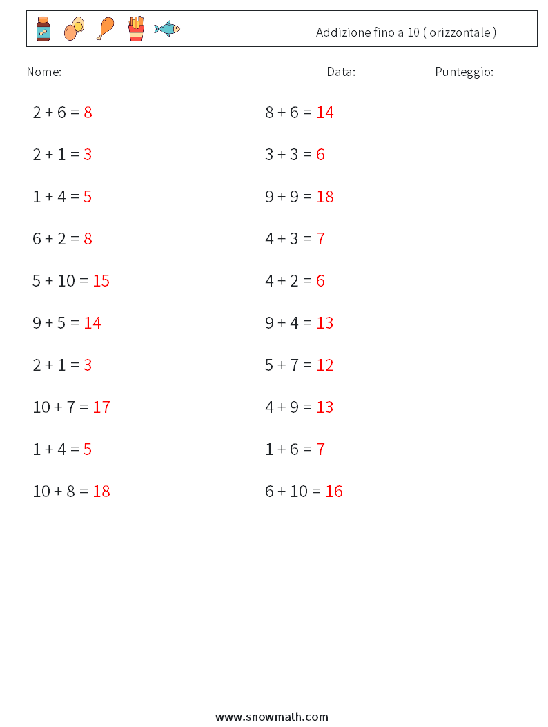 (20) Addizione fino a 10 ( orizzontale ) Fogli di lavoro di matematica 1 Domanda, Risposta