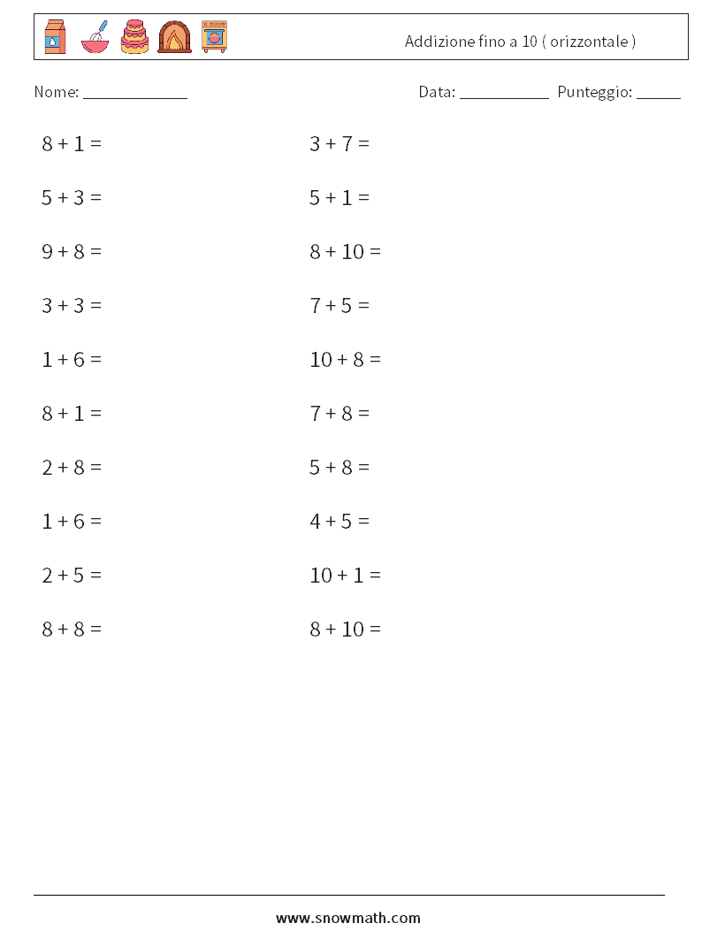 (20) Addizione fino a 10 ( orizzontale ) Fogli di lavoro di matematica 2