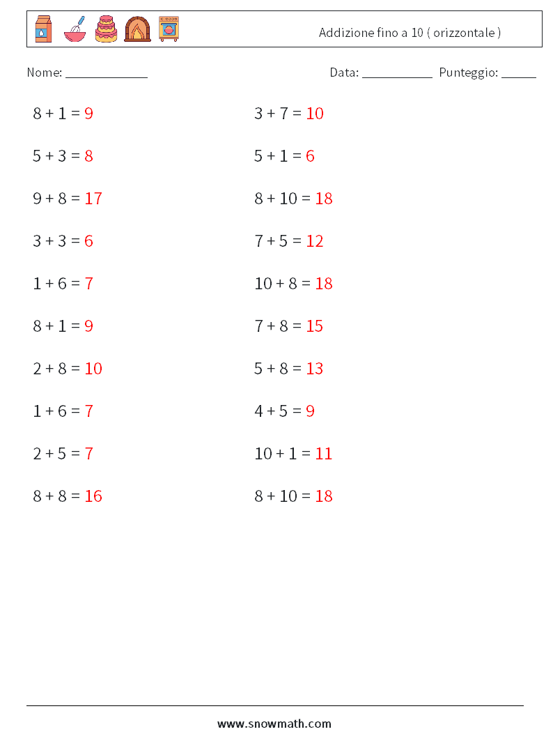 (20) Addizione fino a 10 ( orizzontale ) Fogli di lavoro di matematica 2 Domanda, Risposta