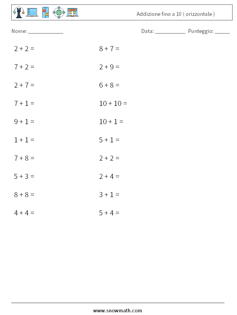 (20) Addizione fino a 10 ( orizzontale ) Fogli di lavoro di matematica 3