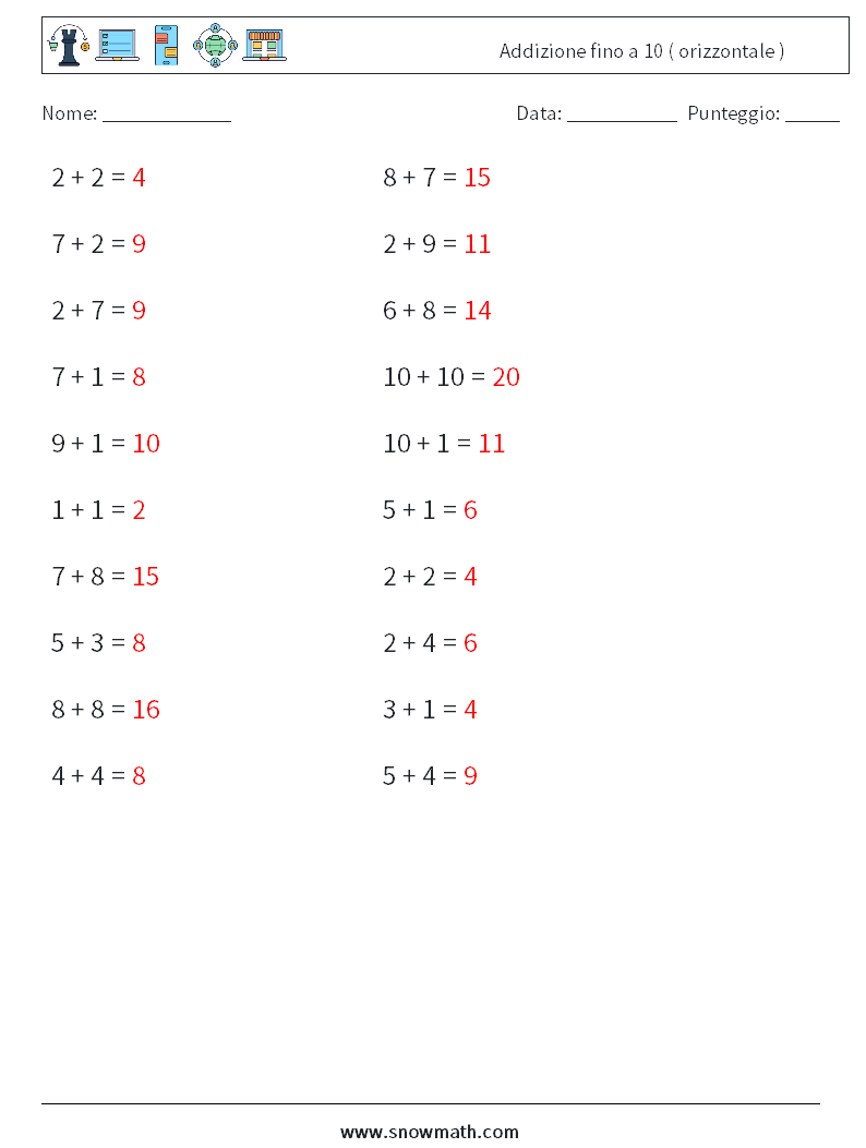(20) Addizione fino a 10 ( orizzontale ) Fogli di lavoro di matematica 3 Domanda, Risposta