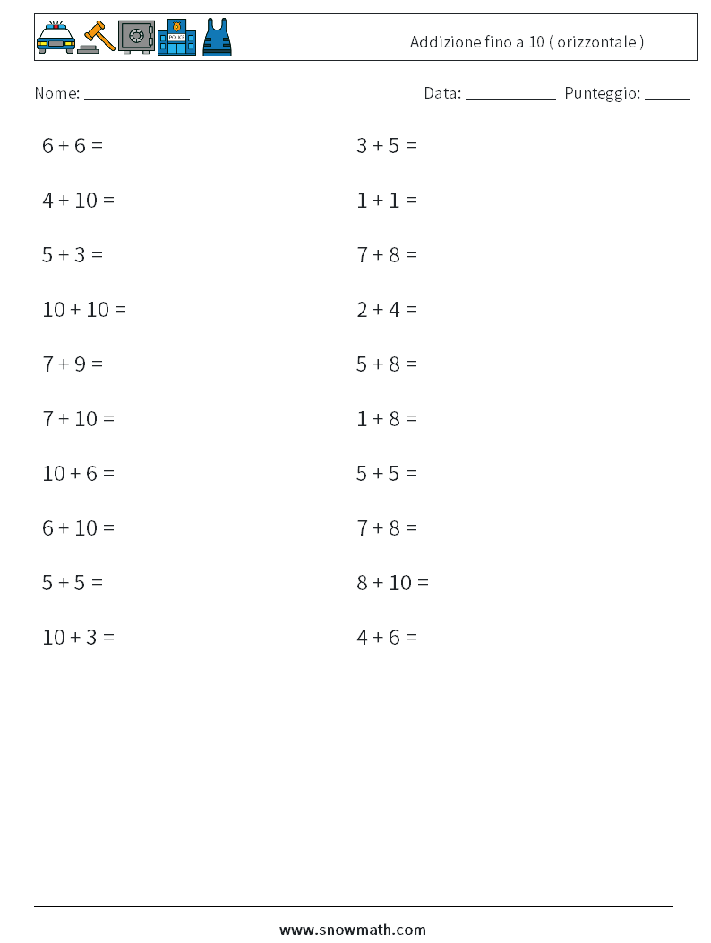 (20) Addizione fino a 10 ( orizzontale ) Fogli di lavoro di matematica 4
