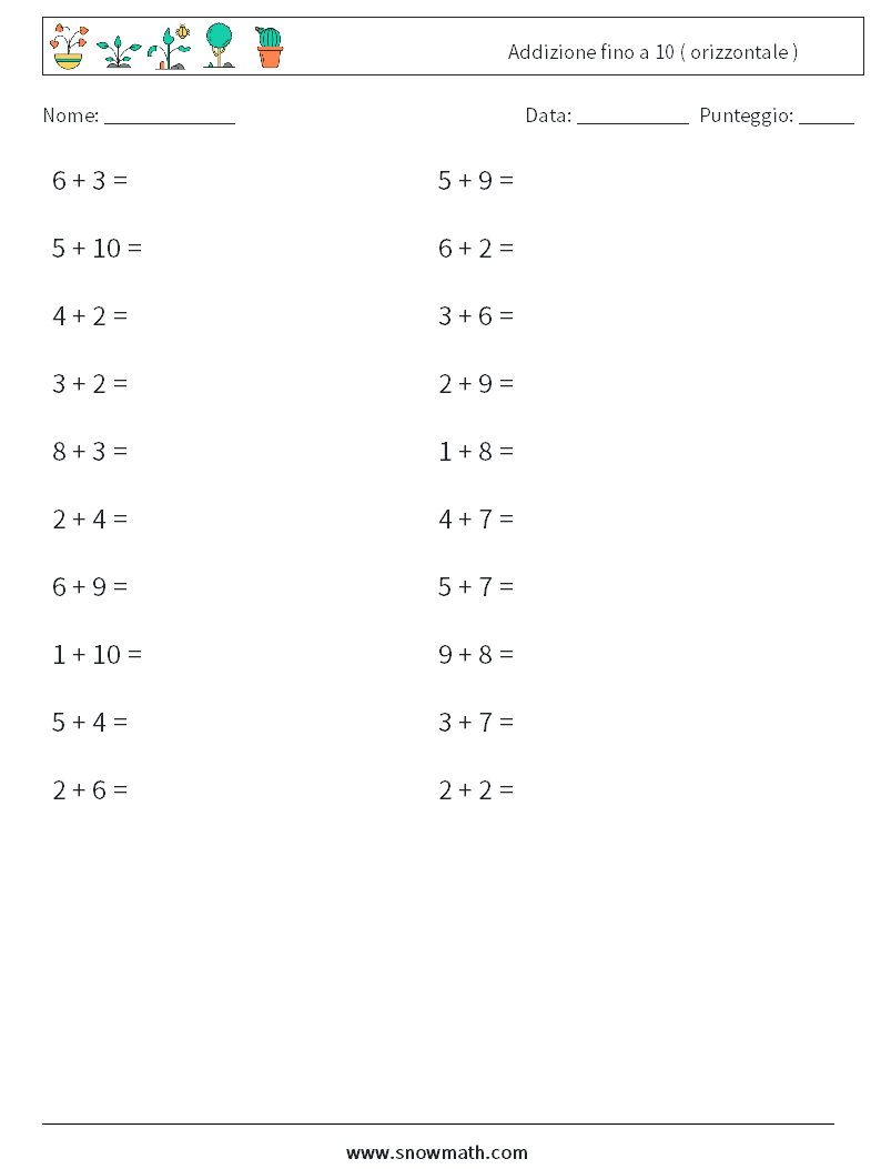 (20) Addizione fino a 10 ( orizzontale ) Fogli di lavoro di matematica 5
