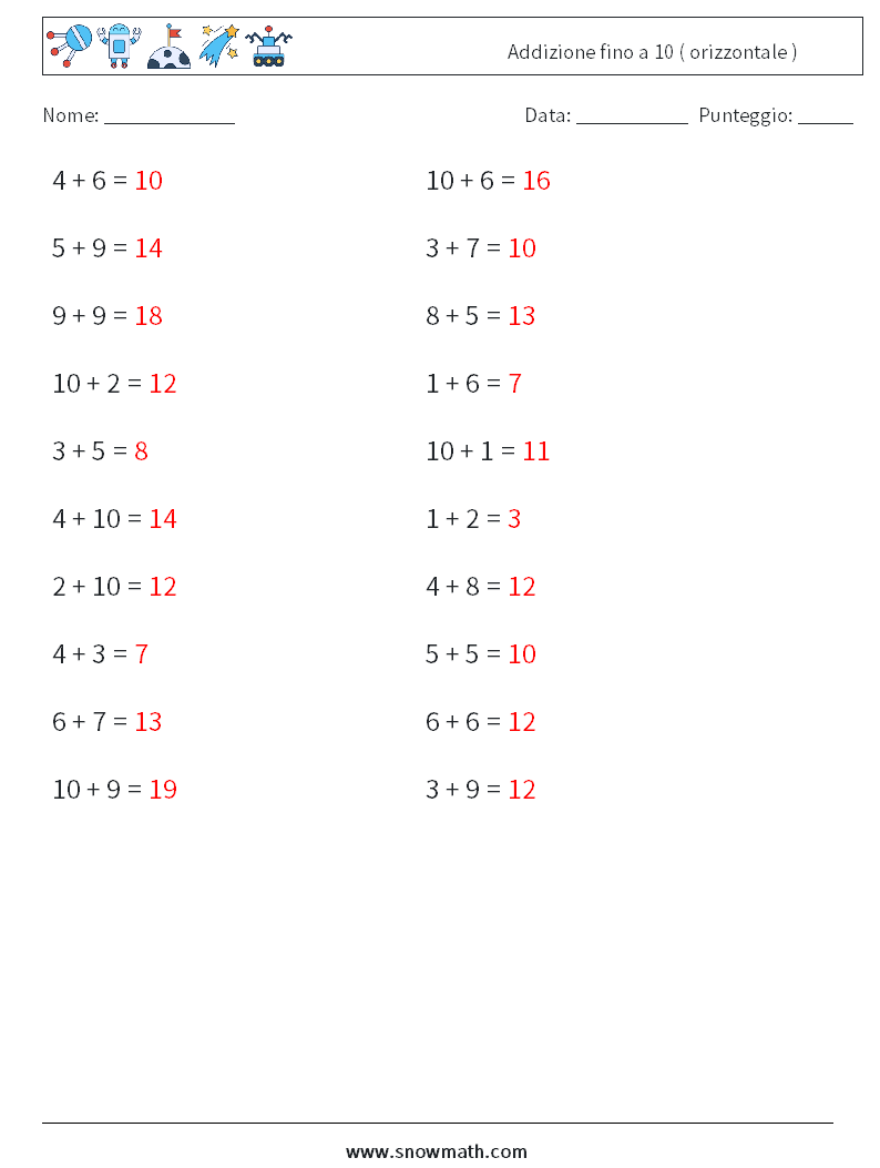 (20) Addizione fino a 10 ( orizzontale ) Fogli di lavoro di matematica 6 Domanda, Risposta